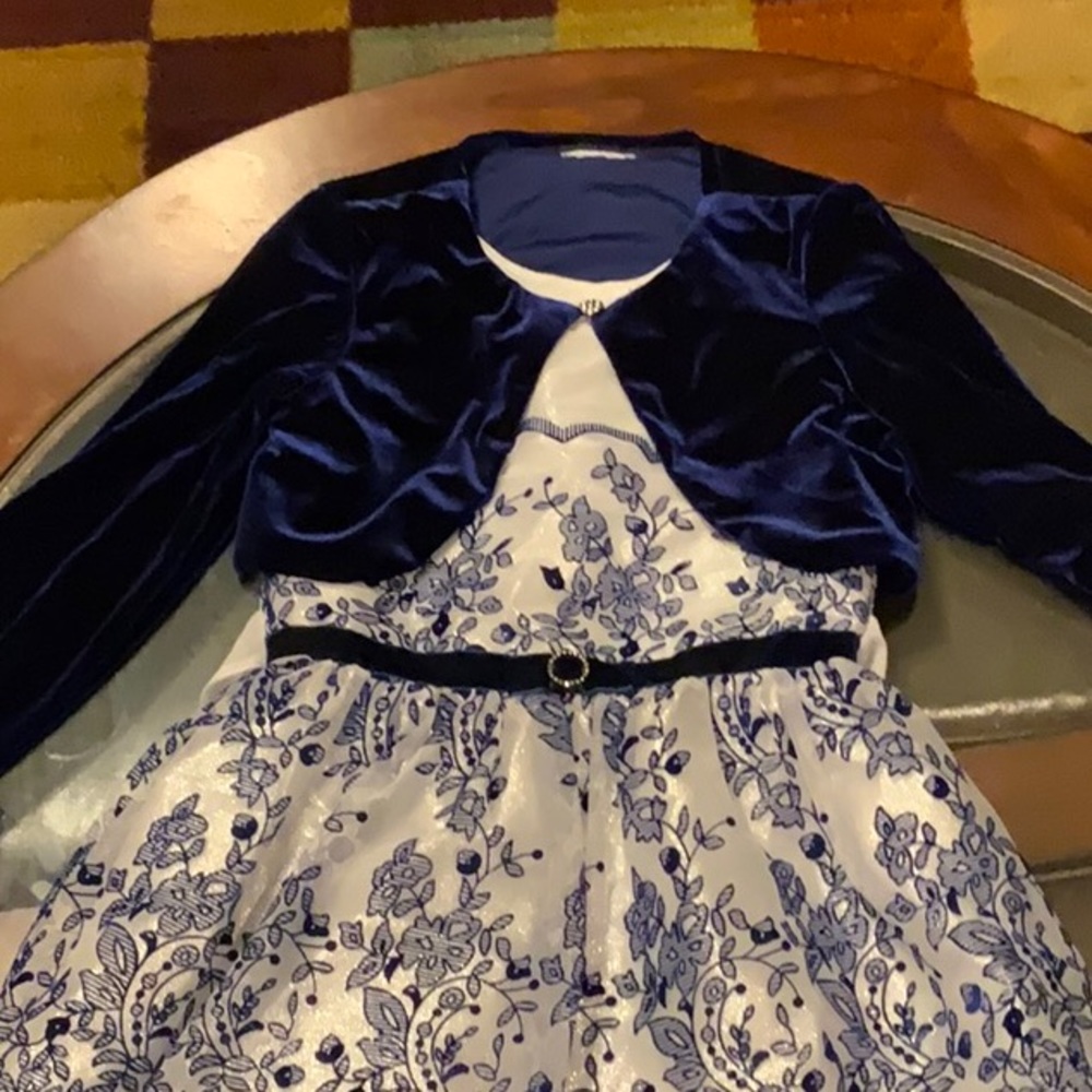 Navy Velvet Floral Dress with Overcoat